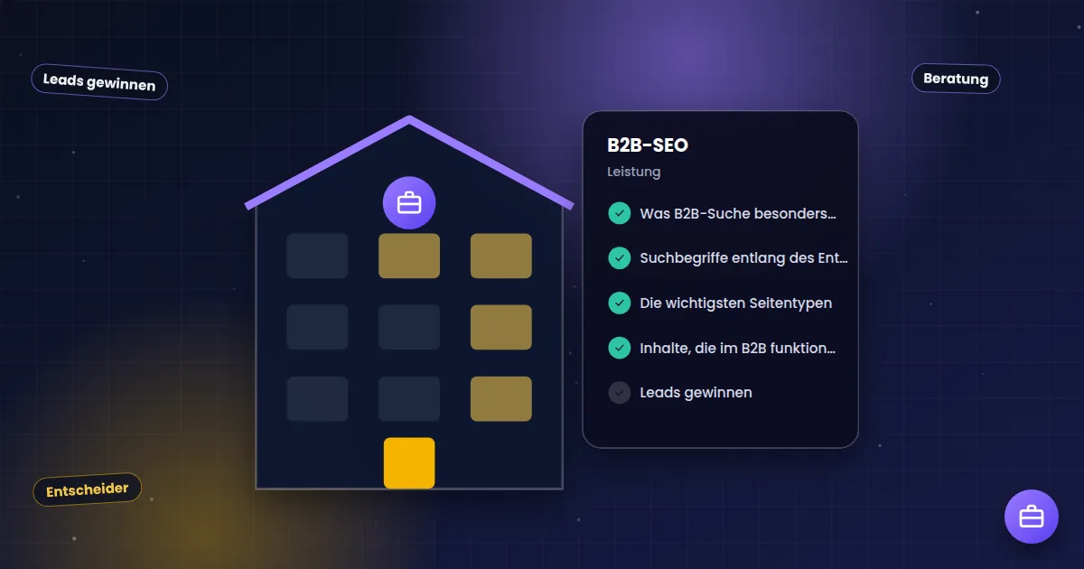B2B-SEO: Geschäftsgebäude neben einer Checkliste für die Branche
