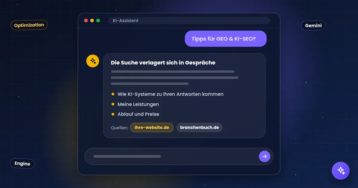 GEO & KI-SEO: KI-Assistent, der eine Frage beantwortet und die eigene Website als Quelle nennt