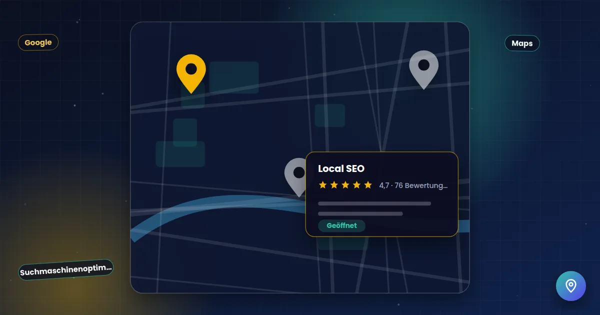 Local SEO: Stadtplan mit Standort-Markierungen und einem Unternehmenseintrag mit Bewertungen