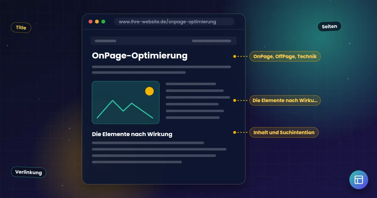OnPage-Optimierung: Aufbau einer Webseite mit markierten Stellen für Titel, Überschriften und Inhalte