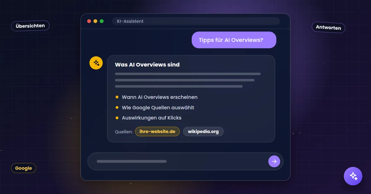 AI Overviews: KI-Assistent, der eine Frage beantwortet und die eigene Website als Quelle nennt