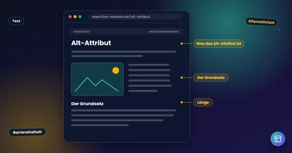 Alt-Attribut: Aufbau einer Webseite mit markierten Stellen für Titel, Überschriften und Inhalte