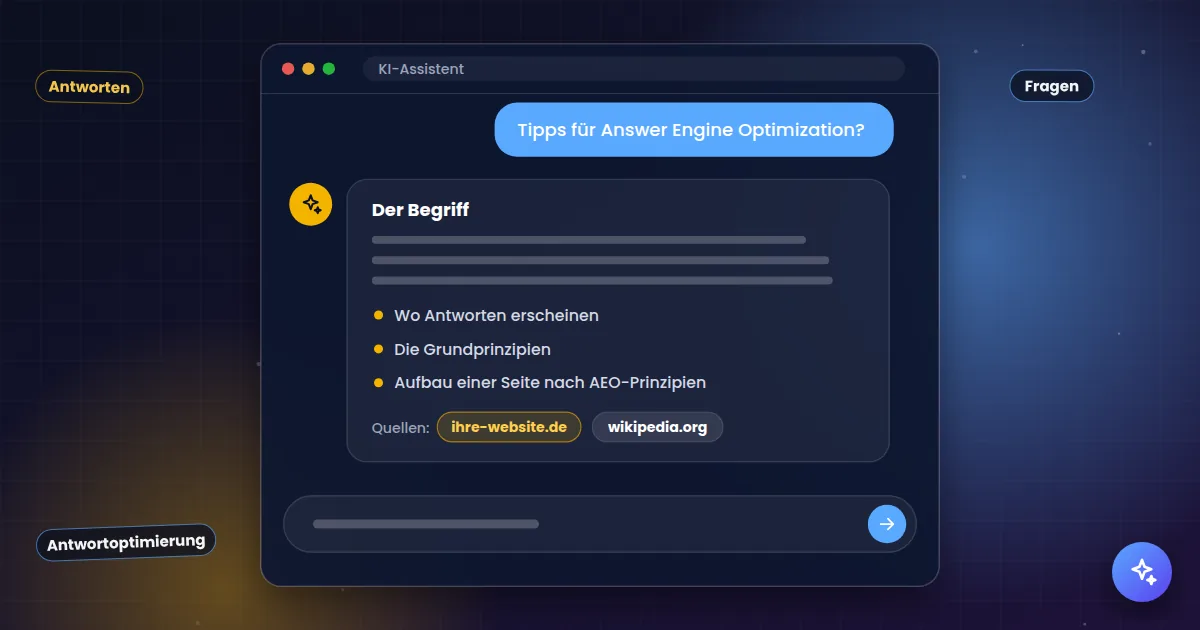 Answer Engine Optimization: KI-Assistent, der eine Frage beantwortet und die eigene Website als Quelle nennt