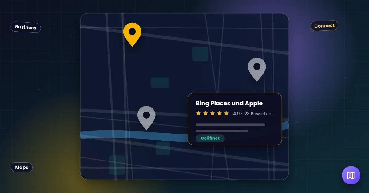 Bing Places und Apple: Stadtplan mit Standort-Markierungen und einem Unternehmenseintrag mit Bewertungen