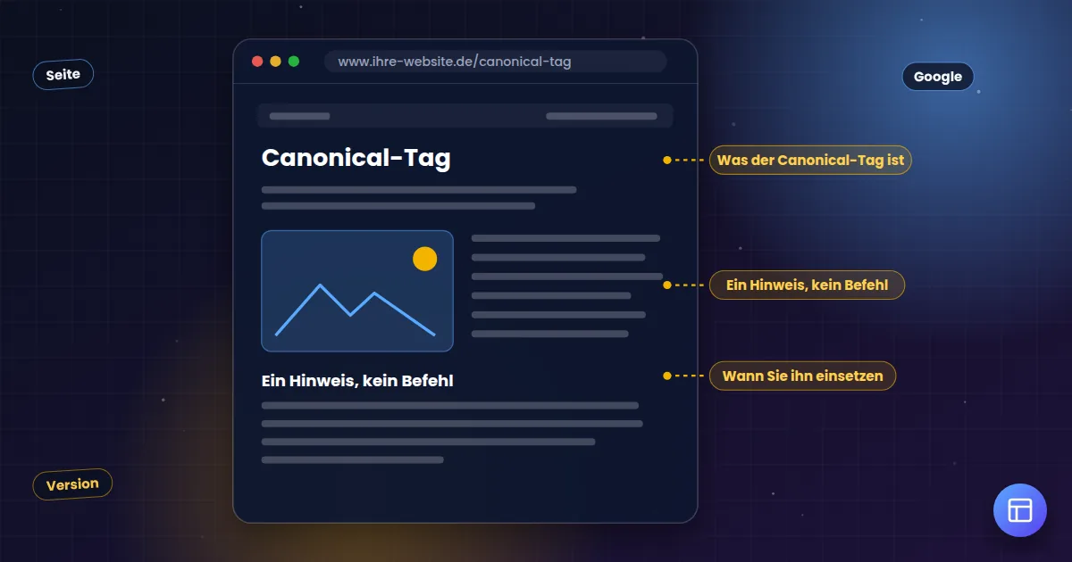 Canonical-Tag: Aufbau einer Webseite mit markierten Stellen für Titel, Überschriften und Inhalte