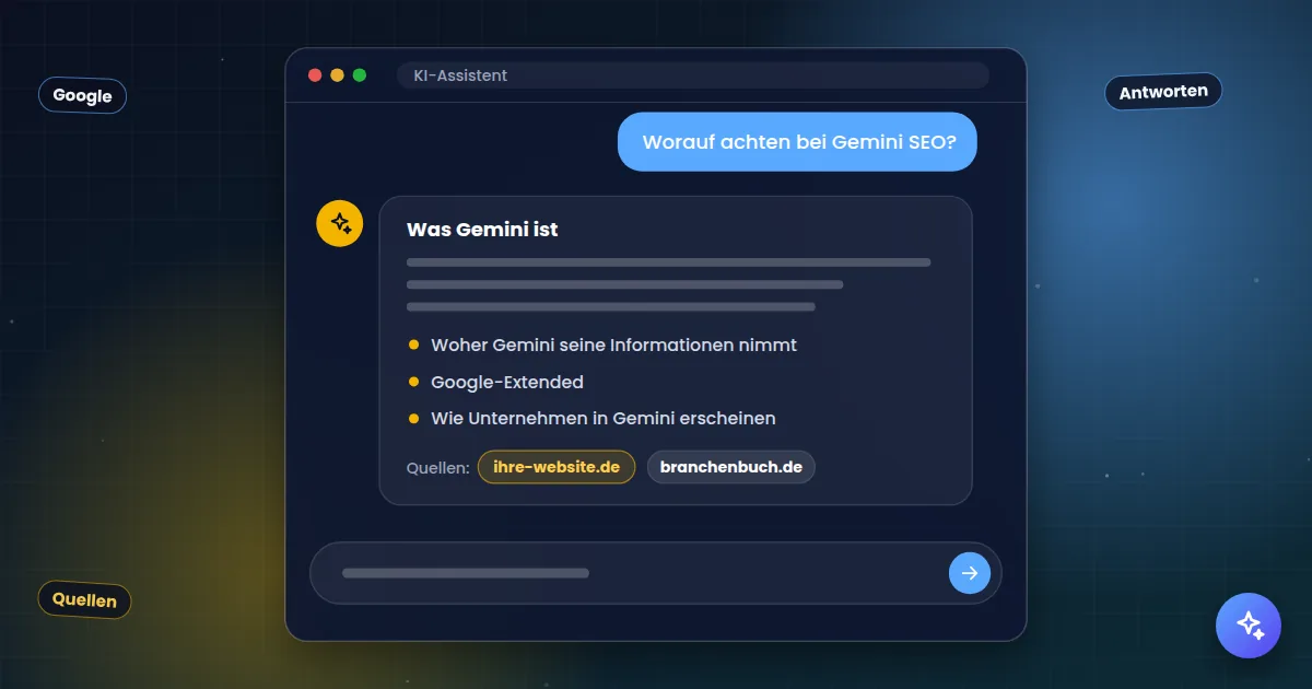 Gemini SEO: KI-Assistent, der eine Frage beantwortet und die eigene Website als Quelle nennt