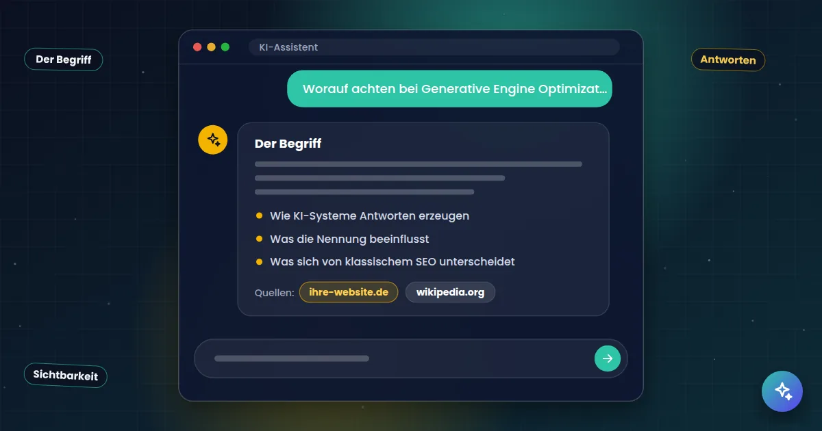 Generative Engine Optimization: KI-Assistent, der eine Frage beantwortet und die eigene Website als Quelle nennt