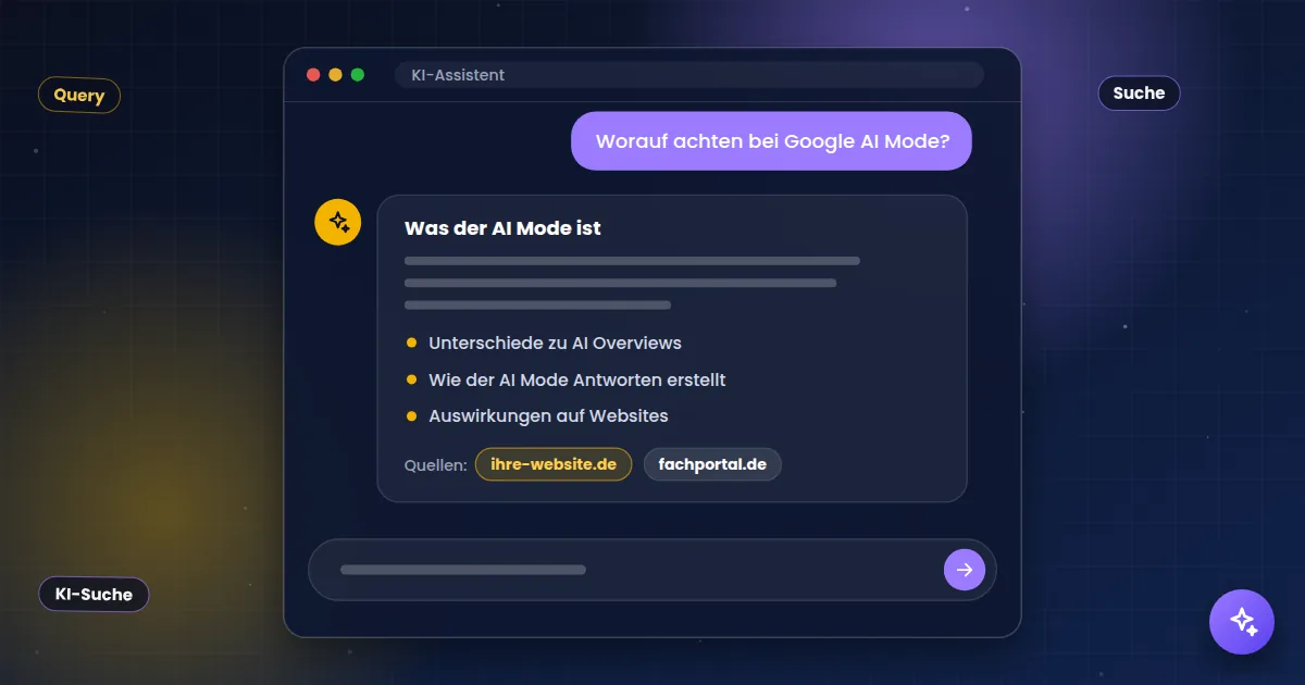 Google AI Mode: KI-Assistent, der eine Frage beantwortet und die eigene Website als Quelle nennt