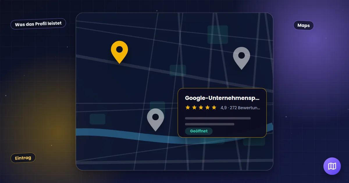 Google-Unternehmensprofil: Stadtplan mit Standort-Markierungen und einem Unternehmenseintrag mit Bewertungen