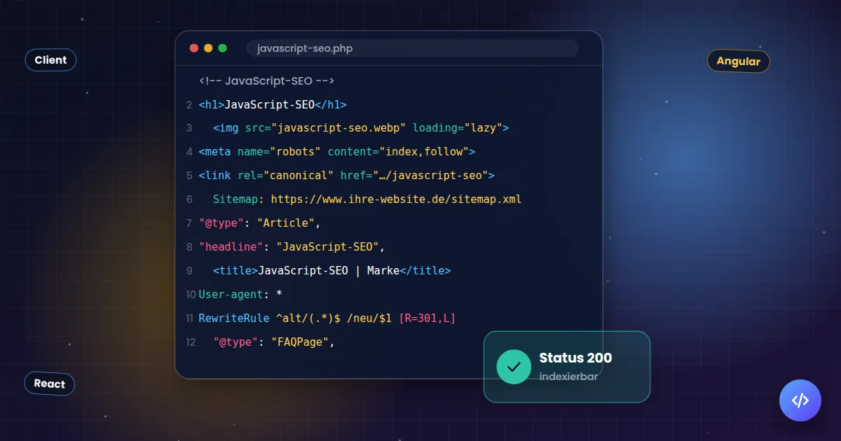 JavaScript-SEO: Quelltext mit den technischen Angaben, die Suchmaschinen auswerten