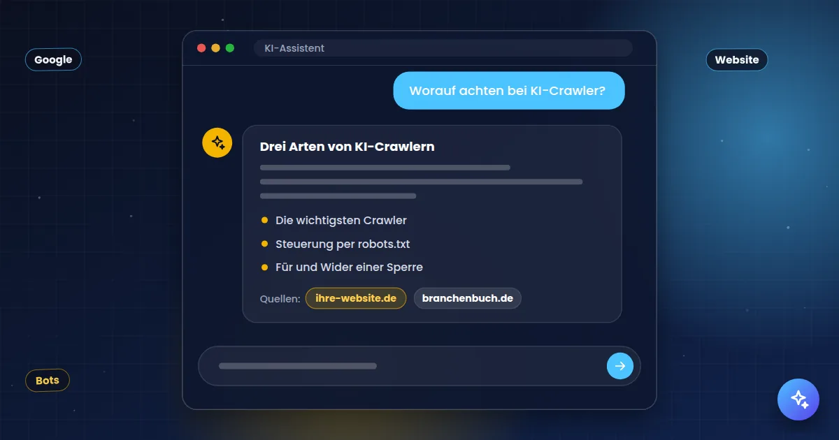 KI-Crawler: KI-Assistent, der eine Frage beantwortet und die eigene Website als Quelle nennt