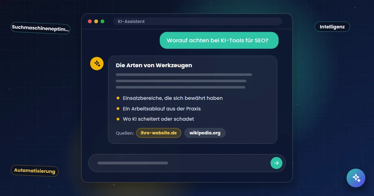 KI-Tools für SEO: KI-Assistent, der eine Frage beantwortet und die eigene Website als Quelle nennt