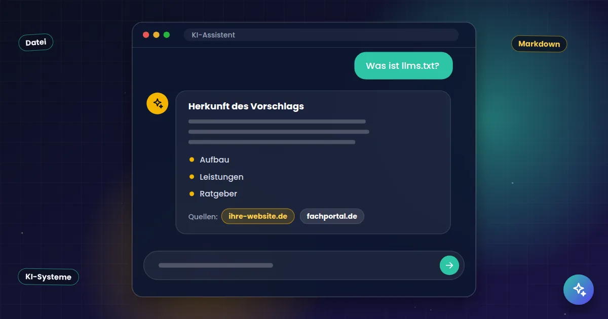 llms.txt: KI-Assistent, der eine Frage beantwortet und die eigene Website als Quelle nennt