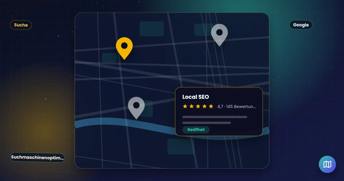 Local SEO: Stadtplan mit Standort-Markierungen und einem Unternehmenseintrag mit Bewertungen