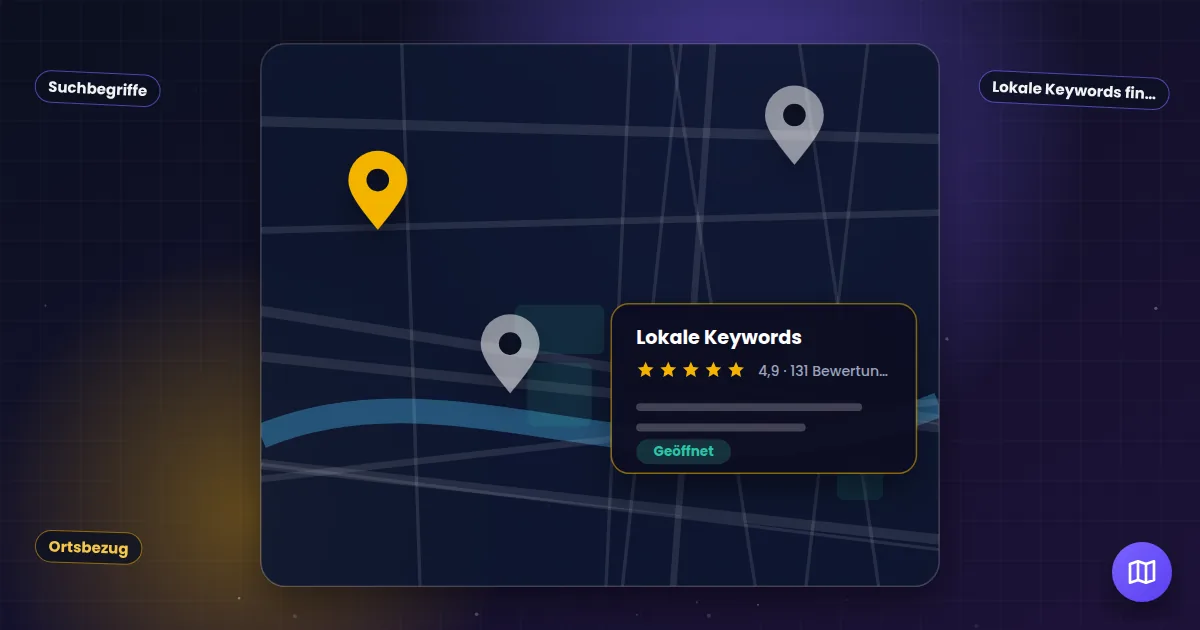Lokale Keywords: Stadtplan mit Standort-Markierungen und einem Unternehmenseintrag mit Bewertungen