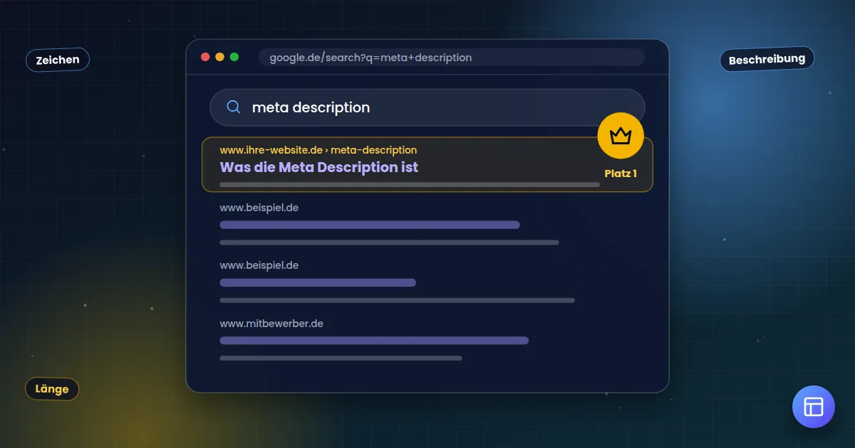 Meta Description: Suchergebnisseite, auf der die eigene Website auf Platz 1 steht
