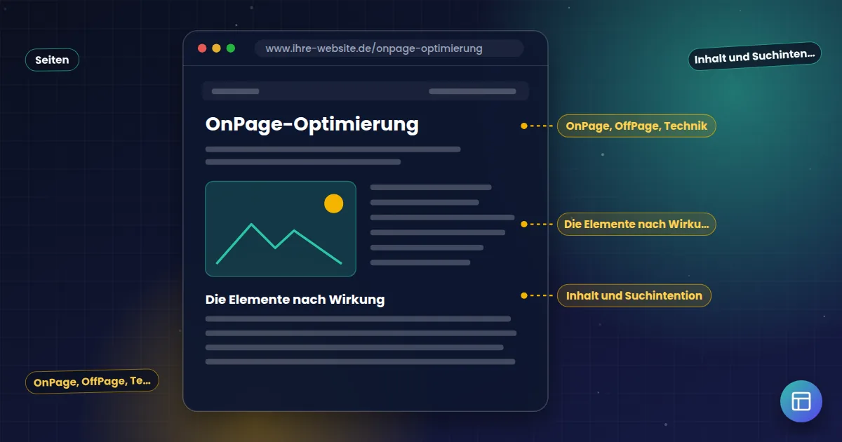 OnPage-Optimierung: Aufbau einer Webseite mit markierten Stellen für Titel, Überschriften und Inhalte