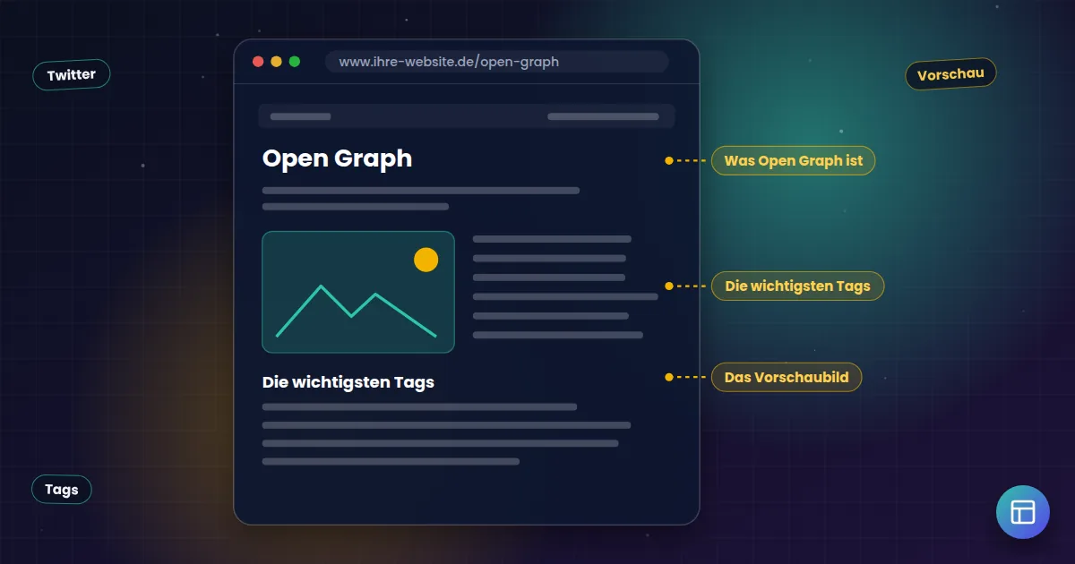 Open Graph: Aufbau einer Webseite mit markierten Stellen für Titel, Überschriften und Inhalte