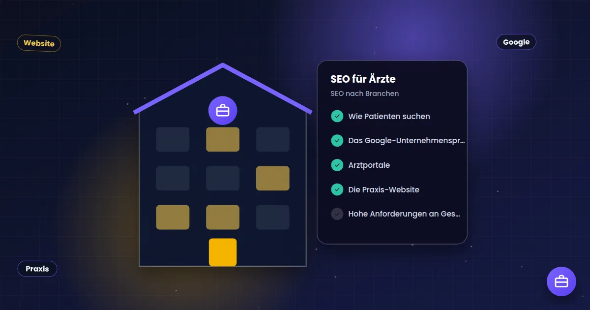 SEO für Ärzte: Geschäftsgebäude neben einer Checkliste für die Branche