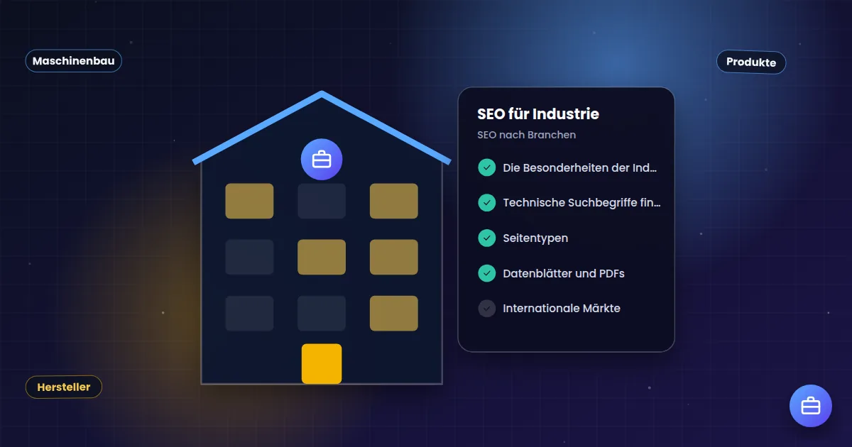 SEO für Industrie: Geschäftsgebäude neben einer Checkliste für die Branche
