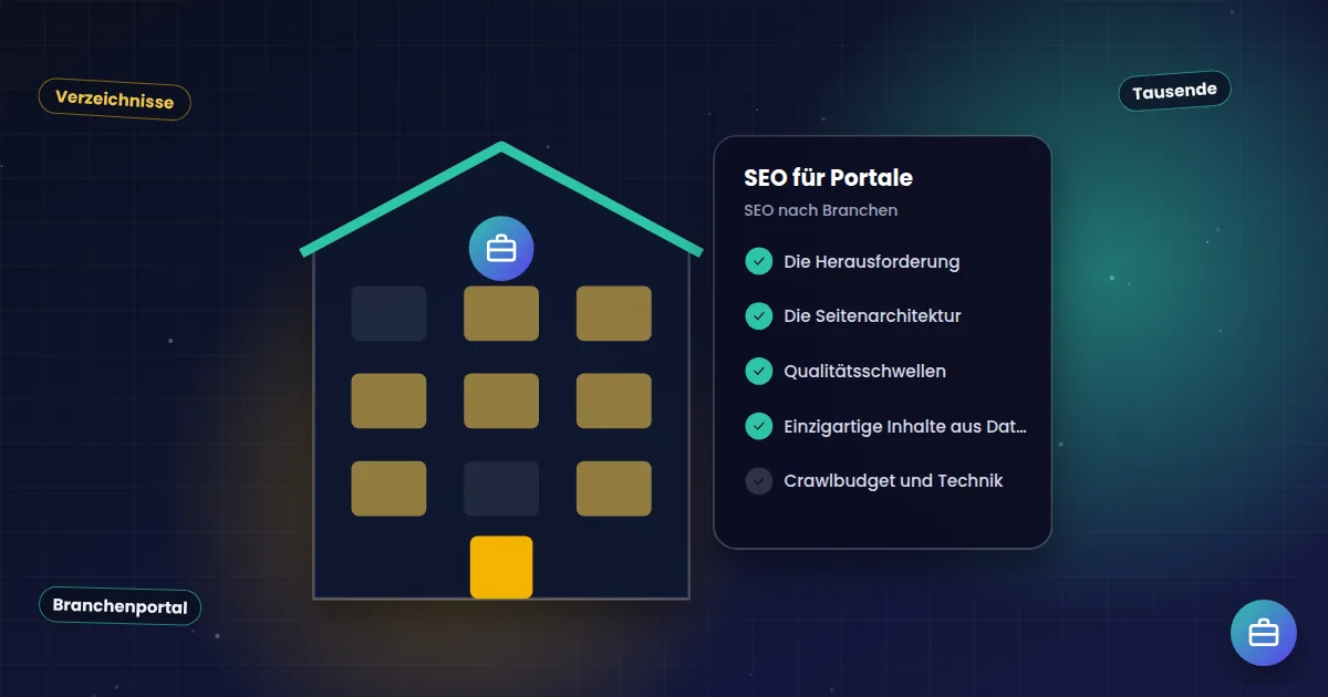 SEO für Portale: Geschäftsgebäude neben einer Checkliste für die Branche