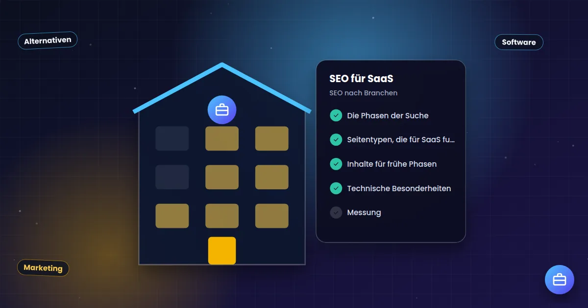 SEO für SaaS: Geschäftsgebäude neben einer Checkliste für die Branche