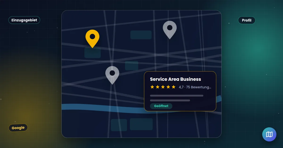 Service Area Business: Stadtplan mit Standort-Markierungen und einem Unternehmenseintrag mit Bewertungen