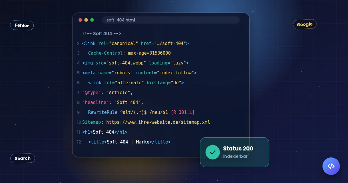 Soft 404: Quelltext mit den technischen Angaben, die Suchmaschinen auswerten