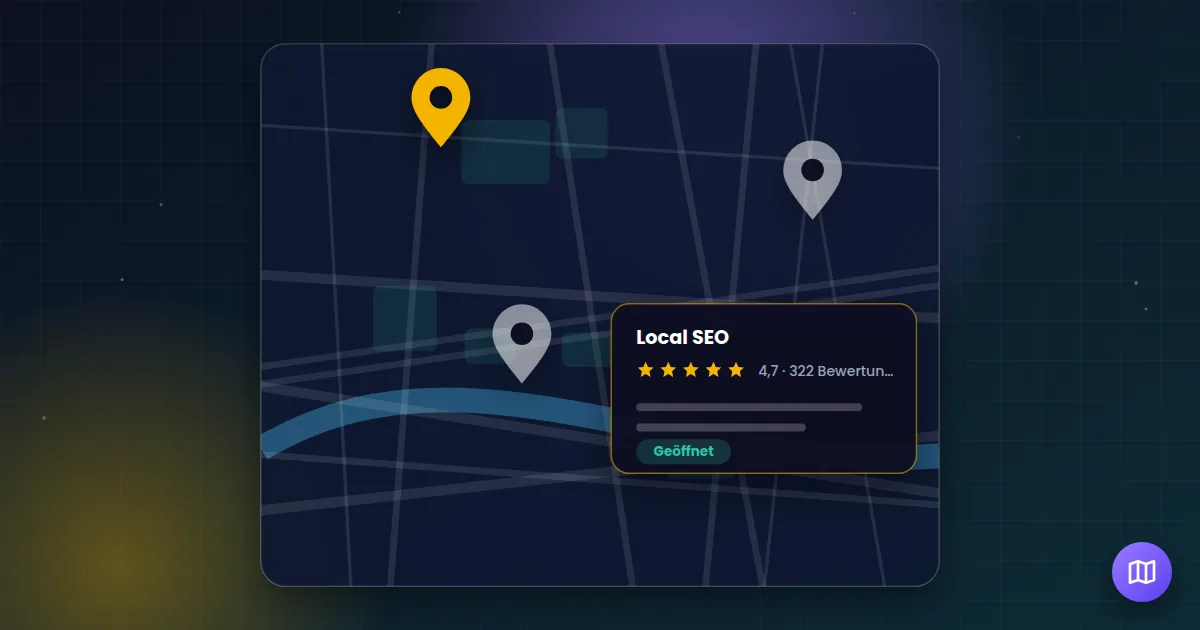 Local SEO: Stadtplan mit Standort-Markierungen und einem Unternehmenseintrag mit Bewertungen