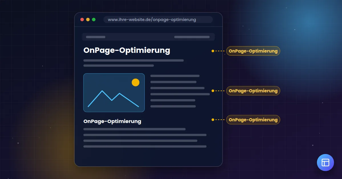 OnPage-Optimierung: Aufbau einer Webseite mit markierten Stellen für Titel, Überschriften und Inhalte