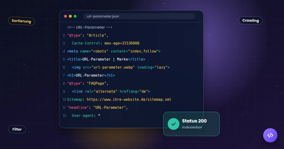 URL-Parameter: Quelltext mit den technischen Angaben, die Suchmaschinen auswerten